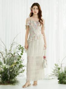 Celisse New Arrival Summer Vacation Stylish Chiffon Floral Print Off-Shoulder Sleeveless Ruffled Hem Women Blouse