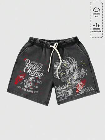 Anime Pantalones cortos casuales con estampado lavado para hombres, estilo urbano retro