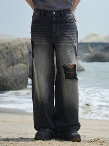 DAZY Jeans rectos de pierna ancha desgastados y lavados en negro con bolsillos ladeados para hombre, para la temporada de primavera