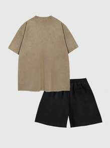ROMWE MEN Goth 男士水洗圆领短袖休闲T恤和抽绳腰短裤套装 - 棕色 - 查看 2