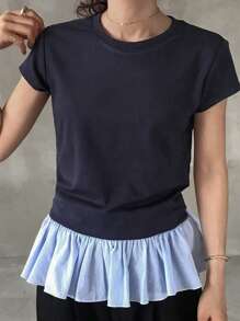 FRIFUL Women Striped Y2K Tight Fitted Raglan Sleeve Contrast Color Ruffle Hem T-Shirt Top - Blue - View 1