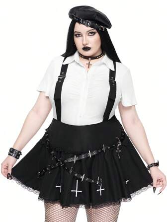 Goth Goth Cross Pendant Design Wide Strap Lace Trim Skirt, Plus Size