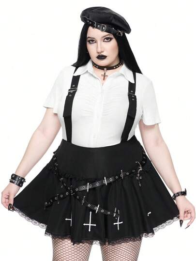 Goth Jupe avec large bordure de dentelle, design de pendentif croix gothique, grande taille