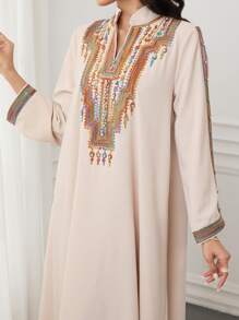 SHEIN Najma Elegant Ramadan Women Loose Fit Long Sleeve Embroidered Robe, Modest Kaftan - Khaki - View 4