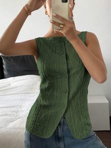 Siren Gaze Women Summer Casual Solid Color Textured Button-Up Front Tank Top Green Christmas - Green - View 5