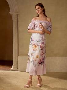 MOTF PREMIUM LINEN FLORAL PRINTED OFF SHOULDER MIDI DRESS - Pink - View 4