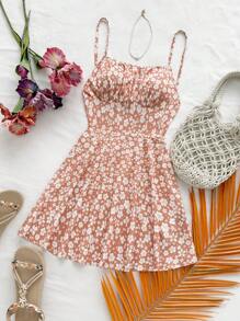 Soleia Women's Ditsy Floral Criss-Cross Backless Spaghetti Strap Mini Dress, Versatile For Summer Casual, Date, Afternoon Tea - Multicolor - View 6