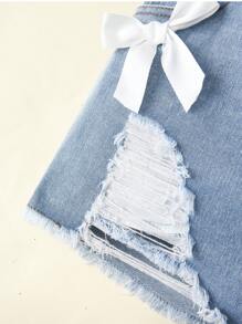 Girls Loose Distressed Washed Denim Shorts With Bowknot Decor, Versatile And Simple Fashion Design, Suitable For Daily Wear - Light Wash - View 7