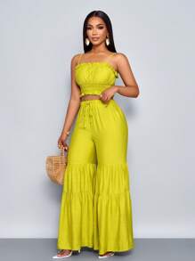 SOLERSUN Summer Beach Vacation Style Spaghetti Straps With Ruffled Crop Top & Bamboo Wide Leg Pants Set For Summer, Ladies Casual Ruffle Hem Shirred Cami Top & Regular Fit Viscose Puff Pants Women Two-Piece Outfits, Casual Daily Wear - Green - View 4