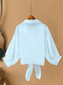 Calvaya Plus Size Solid Color Front Button Tie Front Long Sleeve Shirt, Suitable For Summer Fall Cloth For Women - Blue - View 2