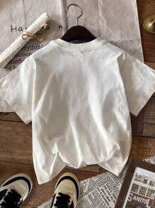 SHEIN LUNE Fashion Plus Size Letter Slogan Print Round Neck Short Sleeve T-Shirt - White - View 2