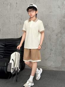 SHEIN Set de 2 piezas con camisa de polo a rayas de manga corta y pantalones cortos casuales para niño preadolescente
