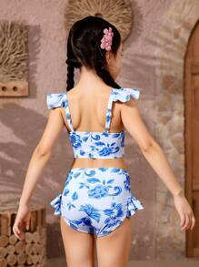 Young Girl Retro Blue Flower Print Ruffled Bikini, For Summer Vacation Beach - Multicolor - View 2