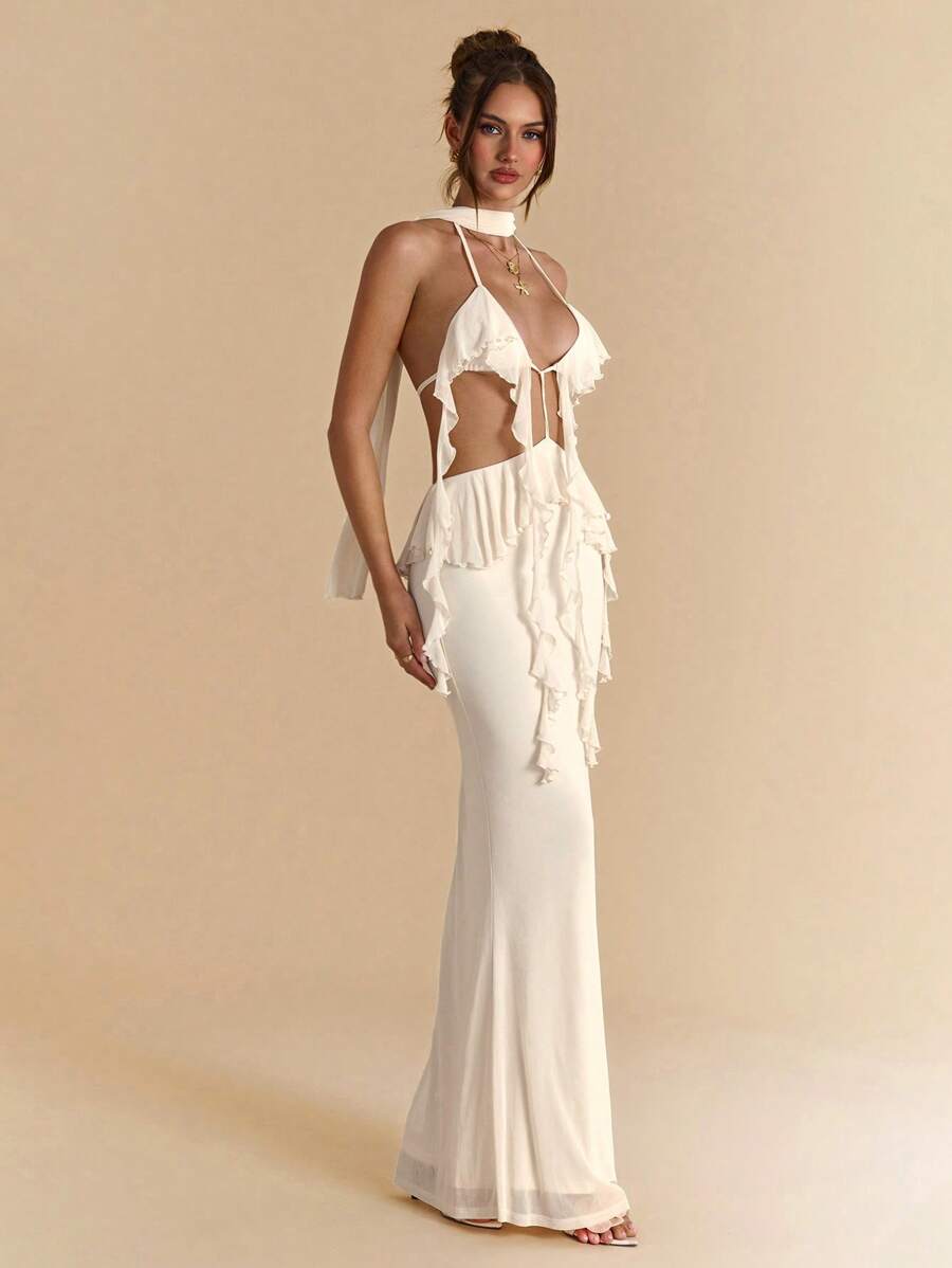 SHEIN BAE Váy Maxi dài hở lưng thanh lịch màu mơ/trắng viền bèo nhún, dài thêm, hở lưng, thích hợp cho kỳ nghỉ ở bãi biển, váy Maxi hở lưng phong cách Bohemian, váy hòa nhạc dành cho nữ, mùa xuân/hè - Màu be - Xem 1