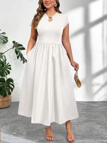 Firerie 大码女式新款中式短袖法式V领修身长裙，黑色修身新款长裙带口袋，适合约会和晚宴 - 白色 - 查看 1