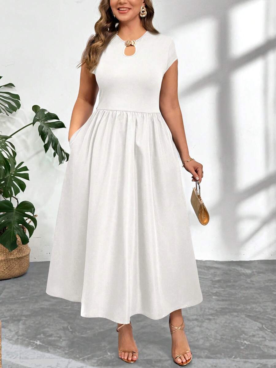 Firerie 大码女式新款中式短袖法式V领修身长裙，黑色修身新款长裙带口袋，适合约会和晚宴 - 白色 - 查看 1