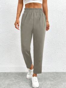 SHEIN PETITE Women Casual Solid Elastic Waist Cropped Pants