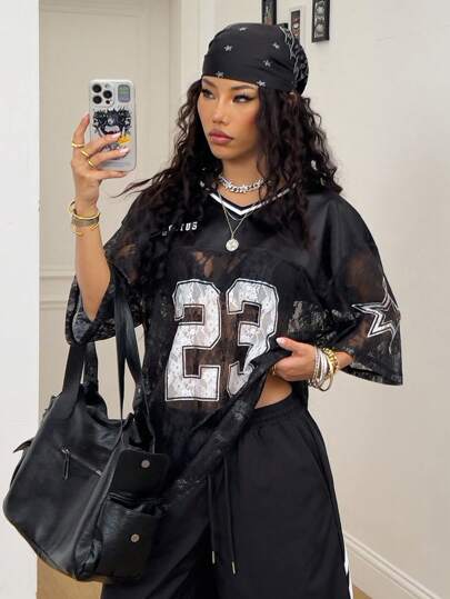 Coolane Camisetas holgadas de jersey con gráficos de encaje en contraste para mujer, para verano, festivales y uso en la playa