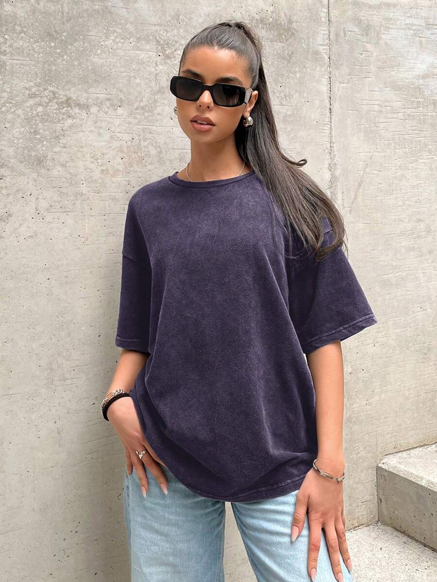 SHEIN EZwear Marine blau vintage verwaschen luftige Lässig T-Shirt für Frauen - marineblau - Übersicht 1