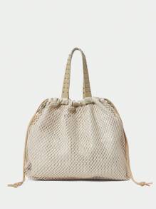 SHECARRY Grid Pattern Drawstring Large Capacity Fashionable Shoulder Tote Bag