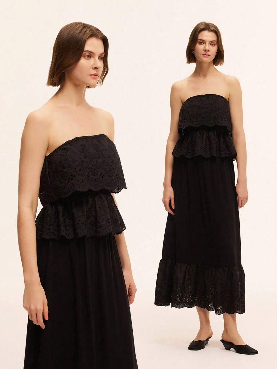 Chiquease Ensemble de 2 pièces femme élégant et décontracté : top court avec ourlet resserré, broderie ajourée, couleur unie + jupe trapèze - Noir - Voir 1