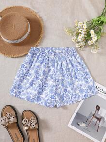 Tween Girl Floral Print Loose Shorts - Black - View 1