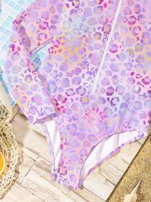 SHEIN Tween Girls Casual Minimalist Iridescent Lavender Leopard Print Rash Guard One-Piece Swimsuit, Suitable For Summer