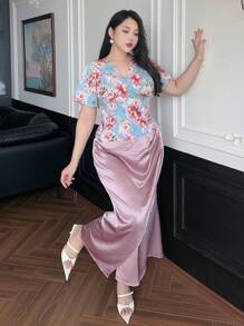 Dazy Plus 2pcs Floral Print Short Sleeve Top And Solid Color Skirt Elegant Summer Travel Outfit - Dusty Pink - View 4