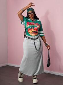 Slaydiva 2025 New Spring/Summer Casual Streetwear Sports Competition Outfit - Green Stripe Print Letter Slogan Logo Top Tee & Grey Long Skirt, 2 Pieces Plus Size Set - Multicolor - View 6