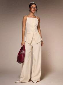 Glamine Workplace Commuting Simple Solid Color Slim Decorative Buckle Camisole Wide Leg Trousers Women's Two Pieces Sets - Apricot - View 1