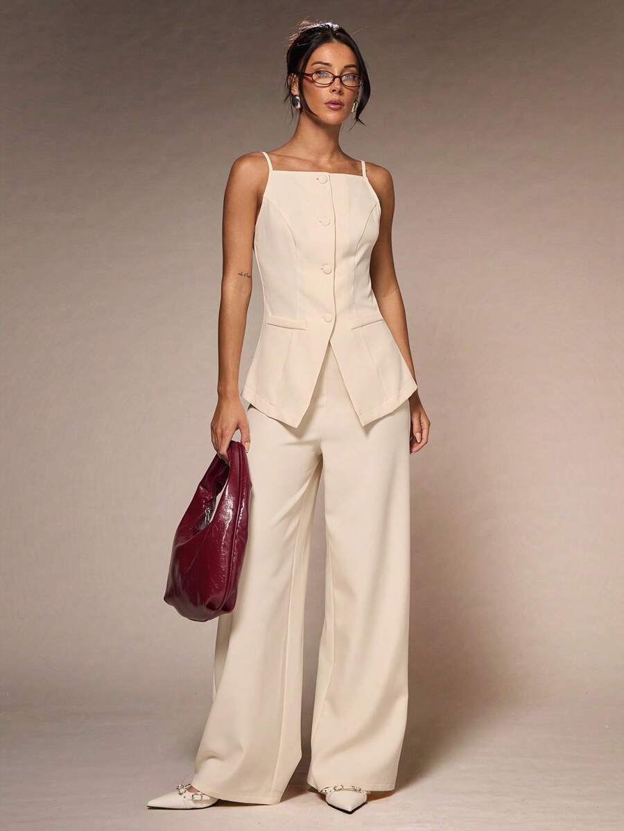 Glamine Workplace Commuting Simple Solid Color Slim Decorative Buckle Camisole Wide Leg Trousers Women's Two Pieces Sets - Apricot - View 1