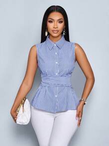 SOLERSUN Elegante top casual a righe con cinturini incrociati, ispirazione vintage per abbigliamento da donna (fiori casuali)