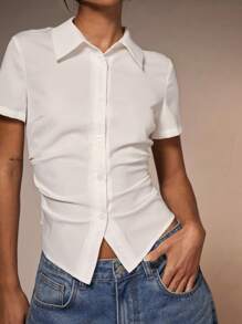 Glamine Back Lace Patchwork Summer Short Sleeve Shirt - White - View 3
