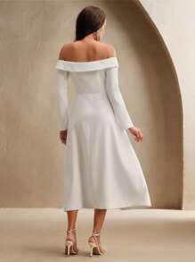 Anewsta Off-White Autumn Elegant Long Sleeve Off Shoulder Sparkling Embellished Long Dress,Modest Business Casual Outfit For Dining,Party,Graduation - Beige - View 4