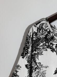 EMERY ROSE Women's Plus Size Full-Coverage Monochrome Print Simple Round Neck Top With Solid Color Casual Trousers Going Out Tops Vacation Summer Women Outfit Boho Baggy Pants Western Wear Beach Outfits - Multicolor - View 3