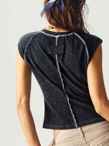 Bohemela BOHO Casual Solid Color Knit Round Neck Slim-Fit Washed Women T-Shirt - Black - View 7