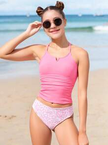 SHEIN Teen Girls Holiday Beach Tankini Swimsuit Set,Leopard Print Tankini Conservative Swimsuit Swim Suits For Women Swimsuits For Woman Swimming Suits For Woman Summer Bathing Suits 1pc For Teens Bathing Suit Tops For Teens - Pink - View 3
