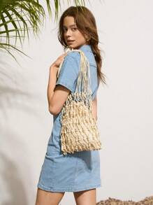 SHECARRY Women's Simple & Practical Multifunctional Woven Tote Bag - Apricot - View 6