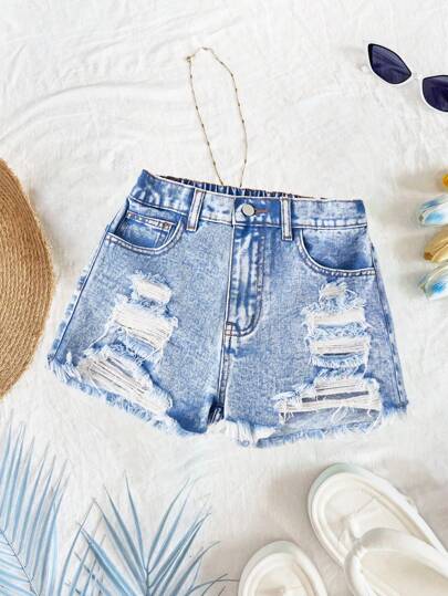 SHEIN Tween Girls Y2K Spring Summer Break Light Washed High Waist Ripped Raw Hem Denim Jeans Shorts With Raw Hem, Summer Beach Boho Vacation Shorts, Summer Concert Festival Casual Rave Outfits, Girls Summer Brunch Graduation Outfits
