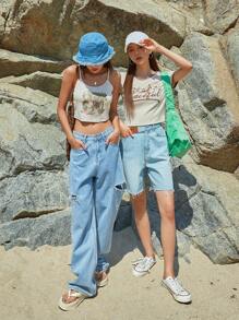 DAZY Floral & Letter Graphic Rib-knit Crop Cami Top - Beige - View 9