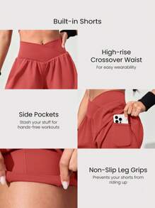 GLOWMODE Crossover Flowy Built-In Shorts 2-In-1 Quick-Dry Shorts Low Impact Breathable Cycling Running Gym Workout Summer - Cosmic Dust Red - View 4