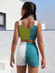 SHEIN Tween Girl Colorblock Camisole & Shorts 2pcs Set - Multicolor - View 2