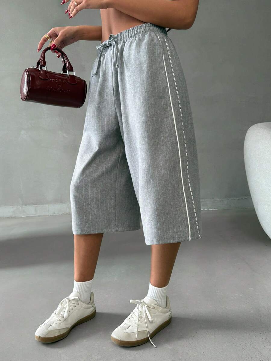 SHEIN Women's Light Grey Side Striped Drawstring Casual Shorts - Light Grey - View 1