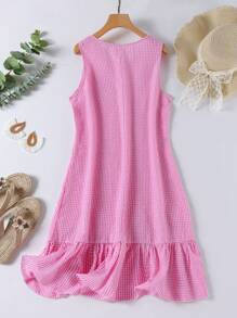 SHEIN LUNE Kariertes Ärmellos Rundhals Kleid in Große Größen, modisch für den Sommer - Heißes Pink - Übersicht 2