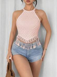 Breezaya Camiseta de tirantes informal con acabado texturizado y bajo asimétrico con flecos para mujer durante las vacaciones