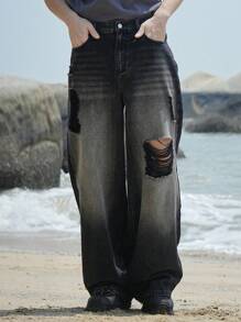 DAZY Jeans rectos de pierna ancha desgastados y lavados en negro con bolsillos ladeados para hombre, para la temporada de primavera