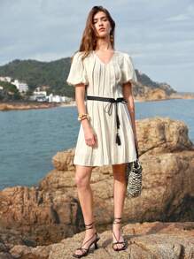 MOTF PREMIUM WOMEN'S LINEN ZIPPER PUFF SLEEVE SHORT DRESS, SUMMER VACATION - Beige - View 7