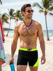 Manfinity Swimmode Men's Swimwear With Contrasting Color Splice, Fashionable Design Suitable For Summer, Hawaiian
