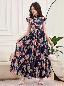 SHEIN Teen Girls' Floral Print Small Cap Sleeve Tie-Waist Layered Hem A-Line Dress - Navy Blue - View 4