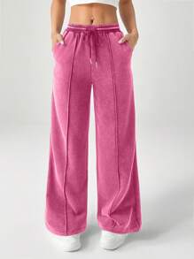 SHEIN PETITE Snow-Washed Women's Drawstring Wide Leg Sweatpants Baggy - Hot Pink - View 6